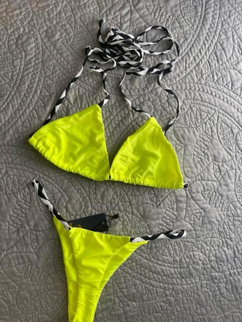 Neon Yellow Triangle Bikini with Black & White Straps